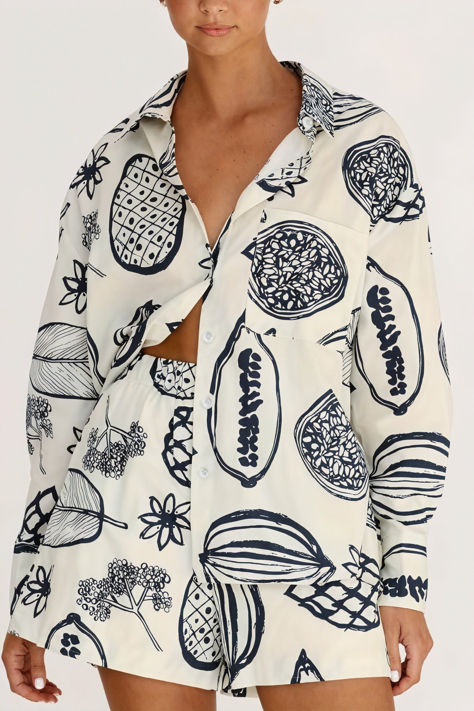 Women's Sleepwear Set – Cream Navy Fruit Botanical Print Button-Down Shirt Shorts Relaxed Fit-79955-fa1ebc4e-b3ba-40db-b932-9c8a0a20eec4