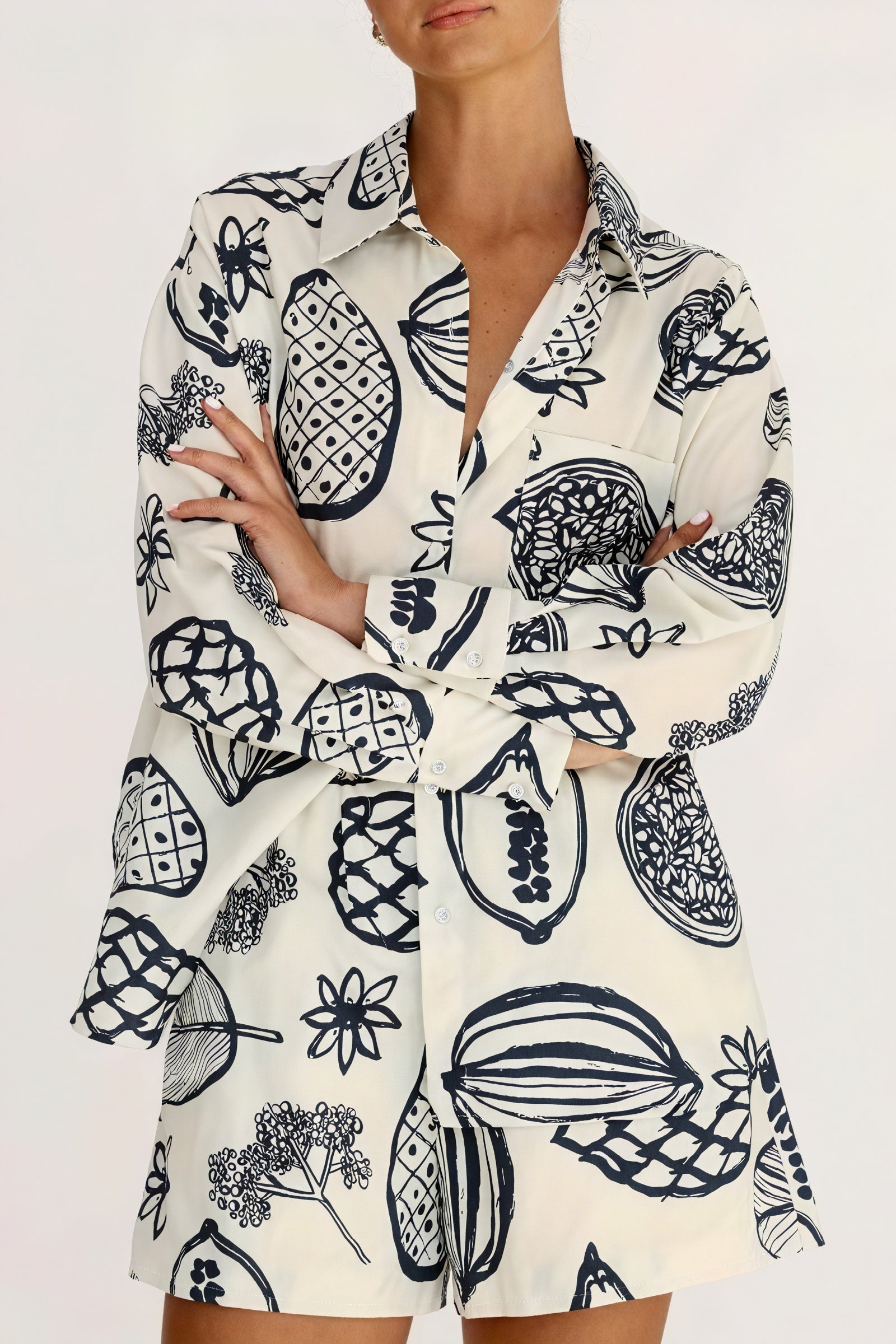 Women's Sleepwear Set – Cream Navy Fruit Botanical Print Button-Down Shirt Shorts Relaxed Fit-79955-2db6efea-d0fa-4069-ab00-7324b1555384