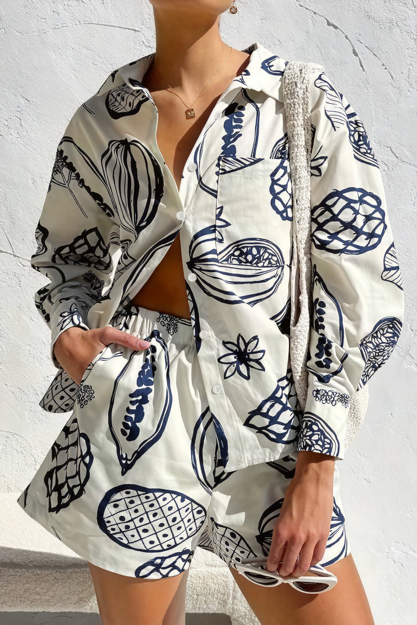 Women's Sleepwear Set – Cream Navy Fruit Botanical Print Button-Down Shirt Shorts Relaxed Fit-79955-09670650-3edf-40cf-8638-cdddb3744eb3