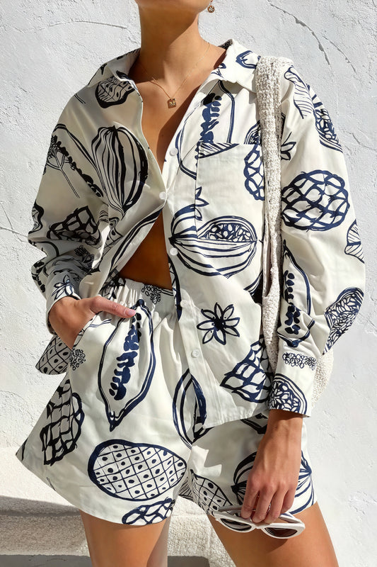 Women's Sleepwear Set – Cream Navy Fruit Botanical Print Button-Down Shirt Shorts Relaxed Fit-79955-09670650-3edf-40cf-8638-cdddb3744eb3