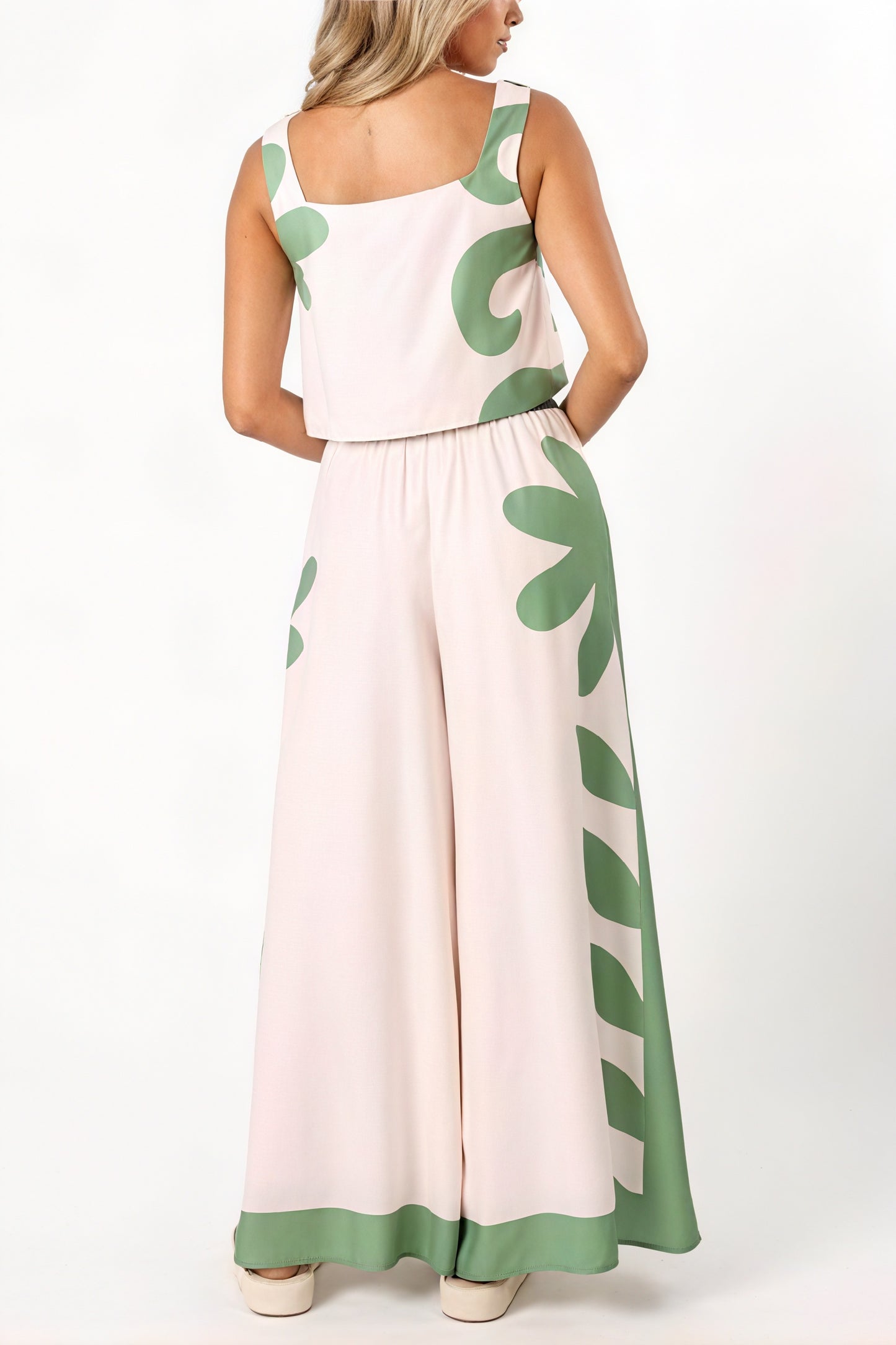 Women's Two-Piece Set – Green Abstract Floral, Square Neck Crop Top, Wide Leg Pants, Resort Style-79958-0a94d76c-738a-48dd-9af0-2db7891e0d19