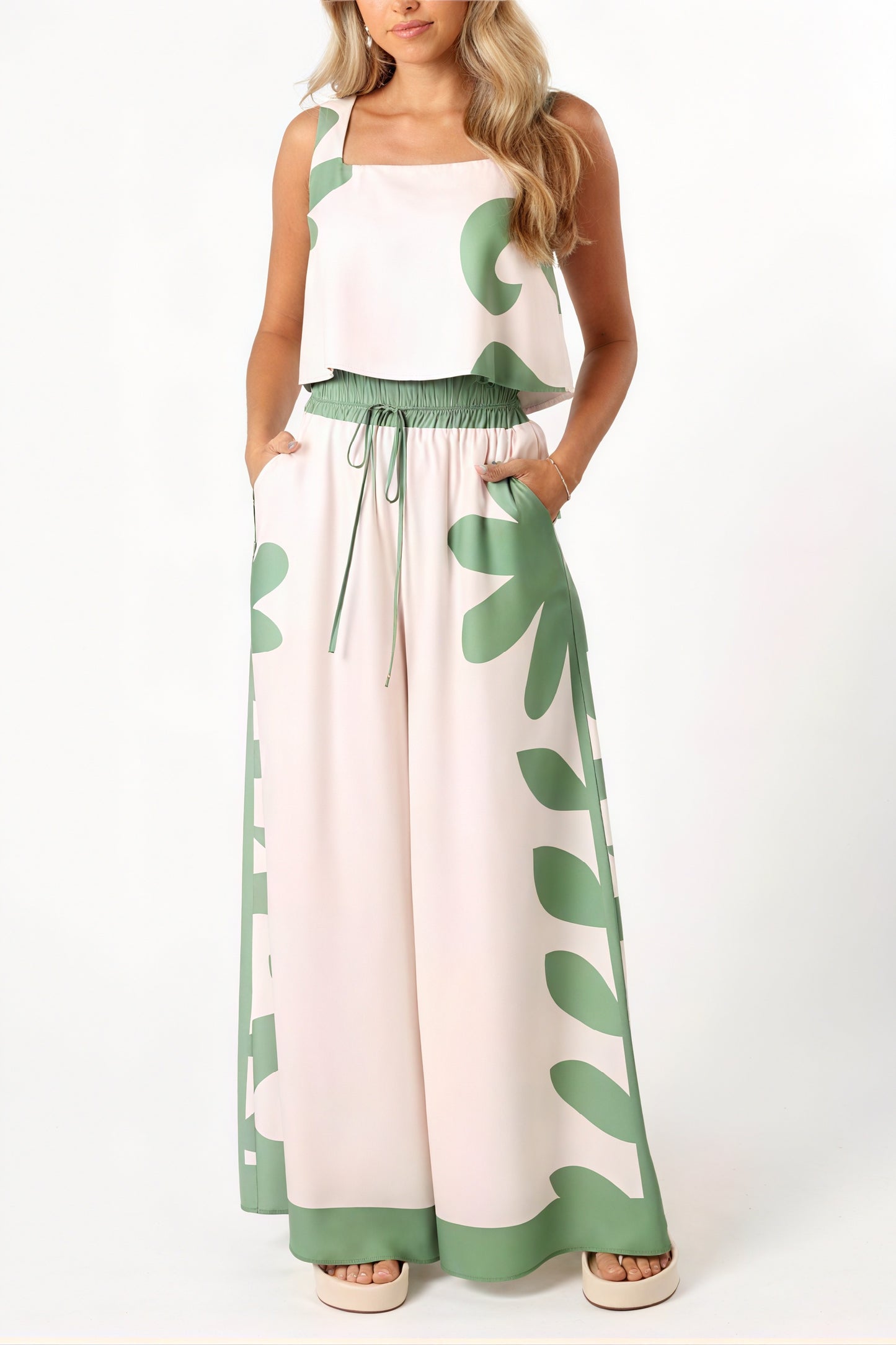 Women's Two-Piece Set – Green Abstract Floral, Square Neck Crop Top, Wide Leg Pants, Resort Style-79958-ab61da8b-11a9-4321-a9b0-9eb19c652f3a