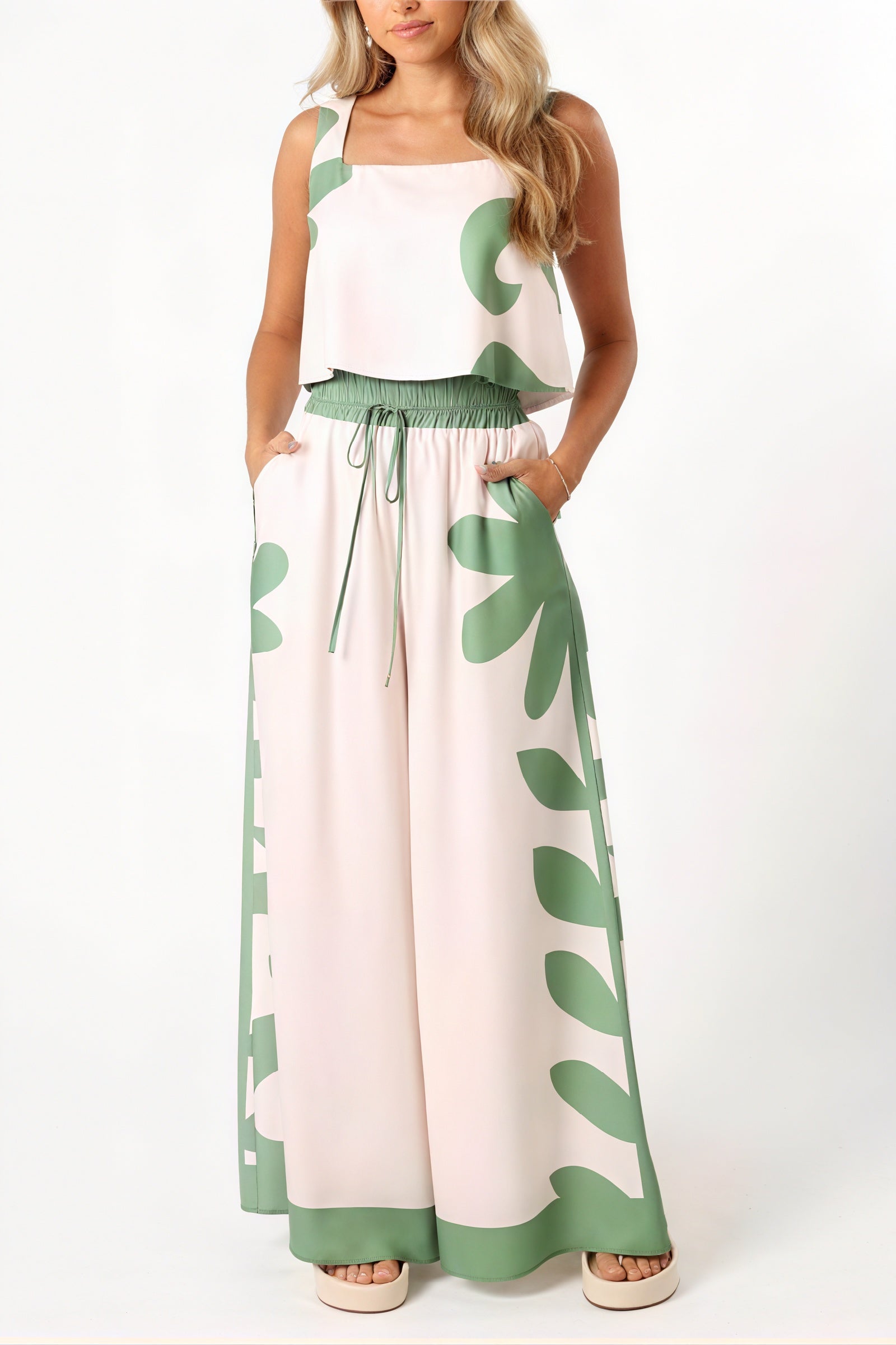 Women's Two-Piece Set – Green Abstract Floral, Square Neck Crop Top, Wide Leg Pants, Resort Style-79958-ab61da8b-11a9-4321-a9b0-9eb19c652f3a