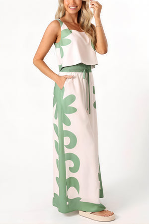Women's Two-Piece Set – Green Abstract Floral, Square Neck Crop Top, Wide Leg Pants, Resort Style-79958-1f04d97f-d549-4a0a-8255-1adb51c8a018