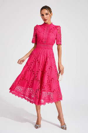 Women's Lace Midi Dress – High Neck, Short Sleeve, Cut-Out Detail-83326-7b095fd6-dff8-4efc-a257-68a97d69cb0a