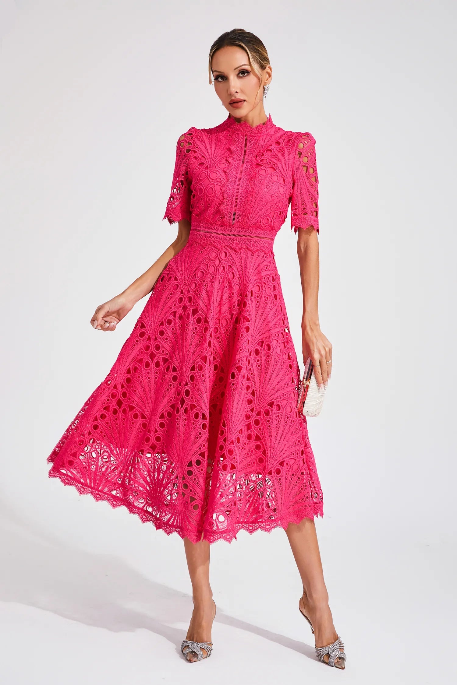 Women's Lace Midi Dress – High Neck, Short Sleeve, Cut-Out Detail-83326-7b095fd6-dff8-4efc-a257-68a97d69cb0a