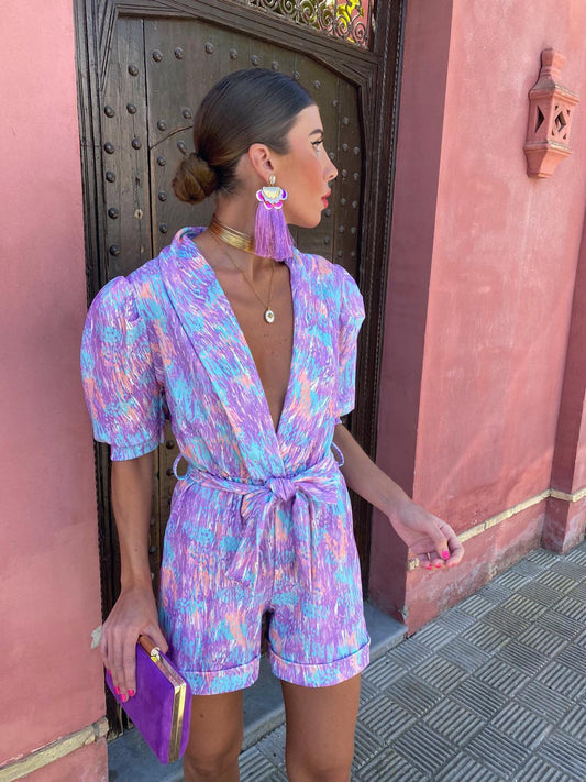 Women's Abstract Print Wrap Romper – Silk Blend, Deep V-Neck, Short Sleeve-78406-7b238397-cba4-4479-b49d-ffa5416debbc