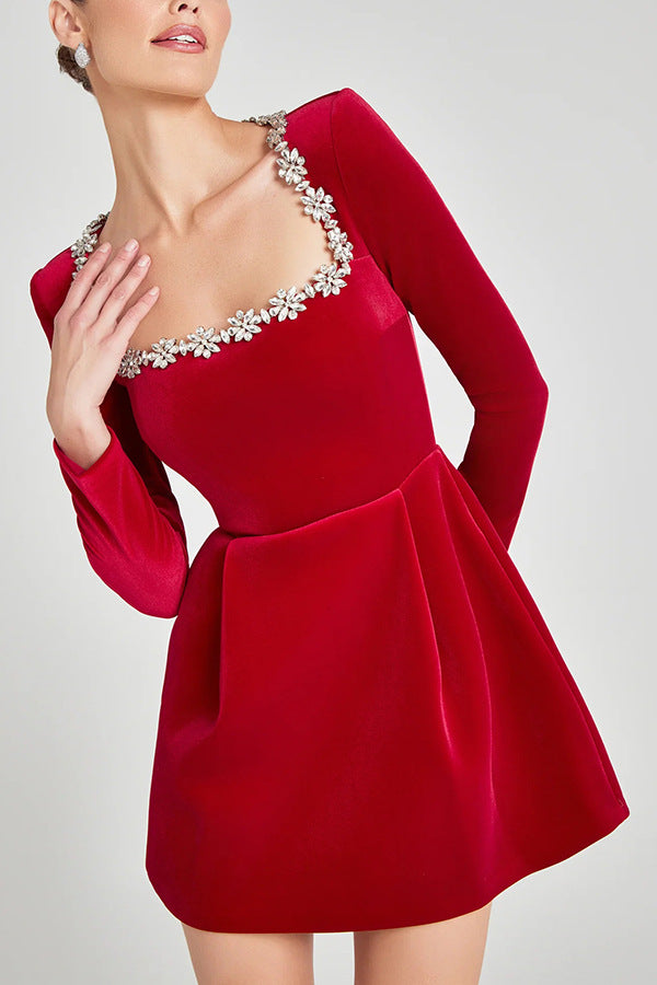 Women's Velvet Dress – Crystal Square Neck, Long Sleeve, Flared Skirt-79858-7bbdd5db-5305-4bfd-8356-3ff05762dd7e