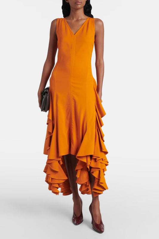 Women's Orange Ruffled High-Low Dress – Sleeveless V-Neck Elegant Modern Style-81084-7bf201d7-f6ed-4073-b765-55a51b3df19e