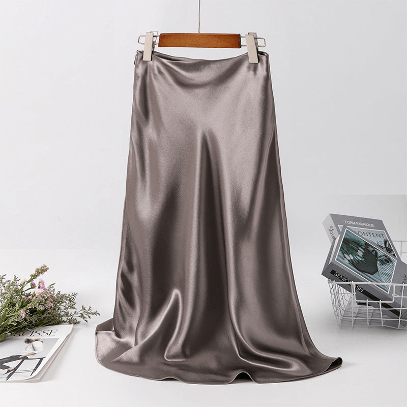 Women's Beige Satin Midi Skirt – High Waist, Flared Hem, Elegant-65289-7c3cc420-e1d3-4dec-bbbe-aa471da47e0b