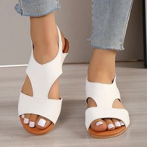 Women's Flat Sandals – T-Strap, Cut-Out Faux Leather, Adjustable Ankle Strap, White/Black/Brown-82727-7d367232-6aca-49ff-af00-c0e0c501c27c