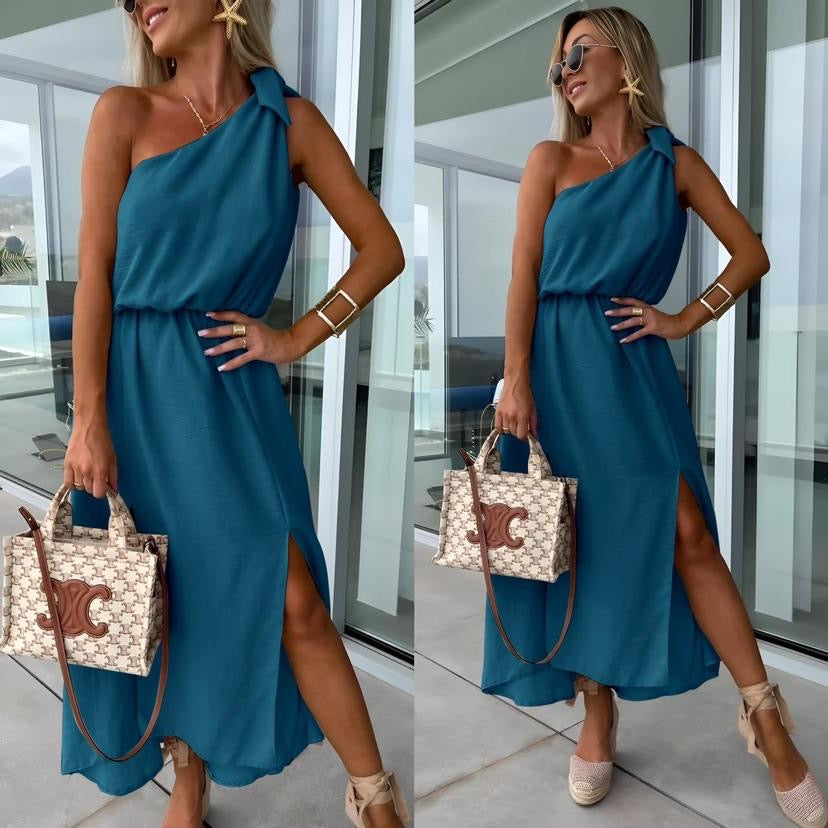 Women's Maxi Dress – One-Shoulder, Asymmetrical Neckline, Side Slit, Waist Tie-83342-7db3984d-bae7-4f79-b2eb-d07712d53b0a