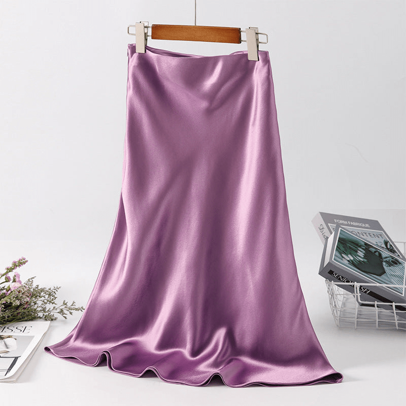 Women's Beige Satin Midi Skirt – High Waist, Flared Hem, Elegant-65289-7dea3c68-76b8-4e08-82f6-8b38907e7dae