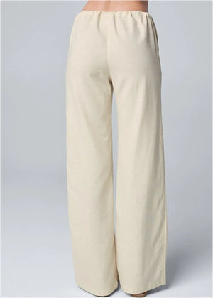 Women's Wide-Leg Linen Blend Pants - Drawstring Waist, Relaxed Fit, Beige Black White Gray-83219-7e500d35-f529-4020-b018-1ada0ac99940