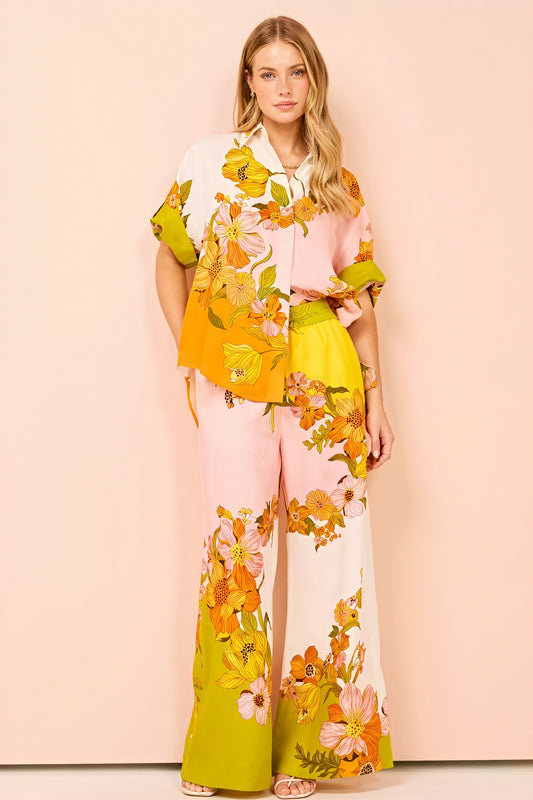 Women's Two-Piece Suit – Bold Floral Print, Color-Blocked Linen Blend, Wide-Leg Bohemian Resort Style-80042-d6285ebc-ef35-4d56-a679-433c385115b4