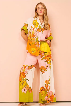 Women's Two-Piece Suit – Bold Floral Print, Color-Blocked Linen Blend, Wide-Leg Bohemian Resort Style-80042-4b4d1ae7-fafb-4ac3-b99c-f40dade01d01
