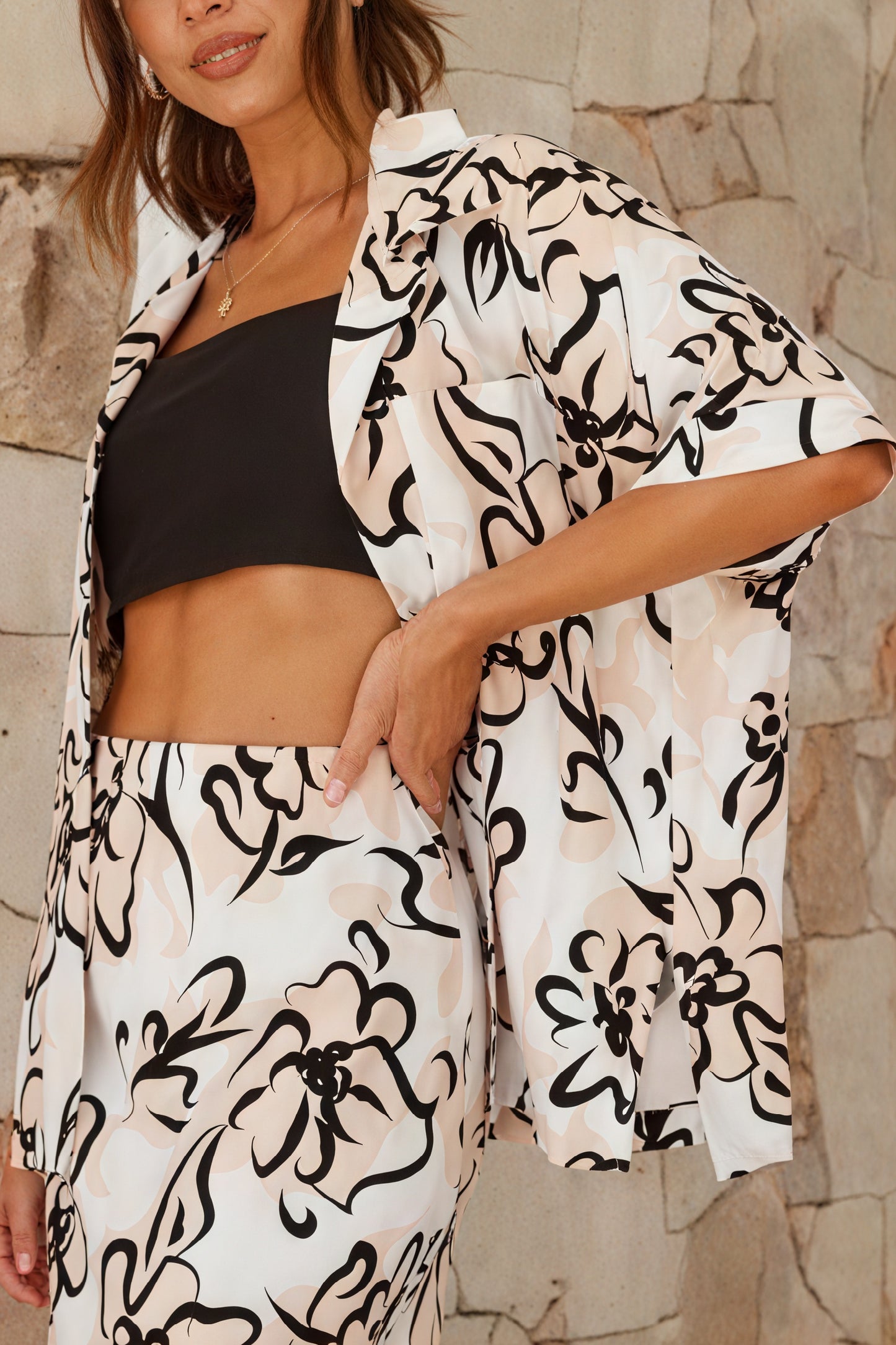 Women's Cream Floral Suit Set – Open Blazer, Midi Skirt, Short Sleeve, Lightweight Bohemian-80191-b18304da-0cc8-4408-8932-c627570f3a37