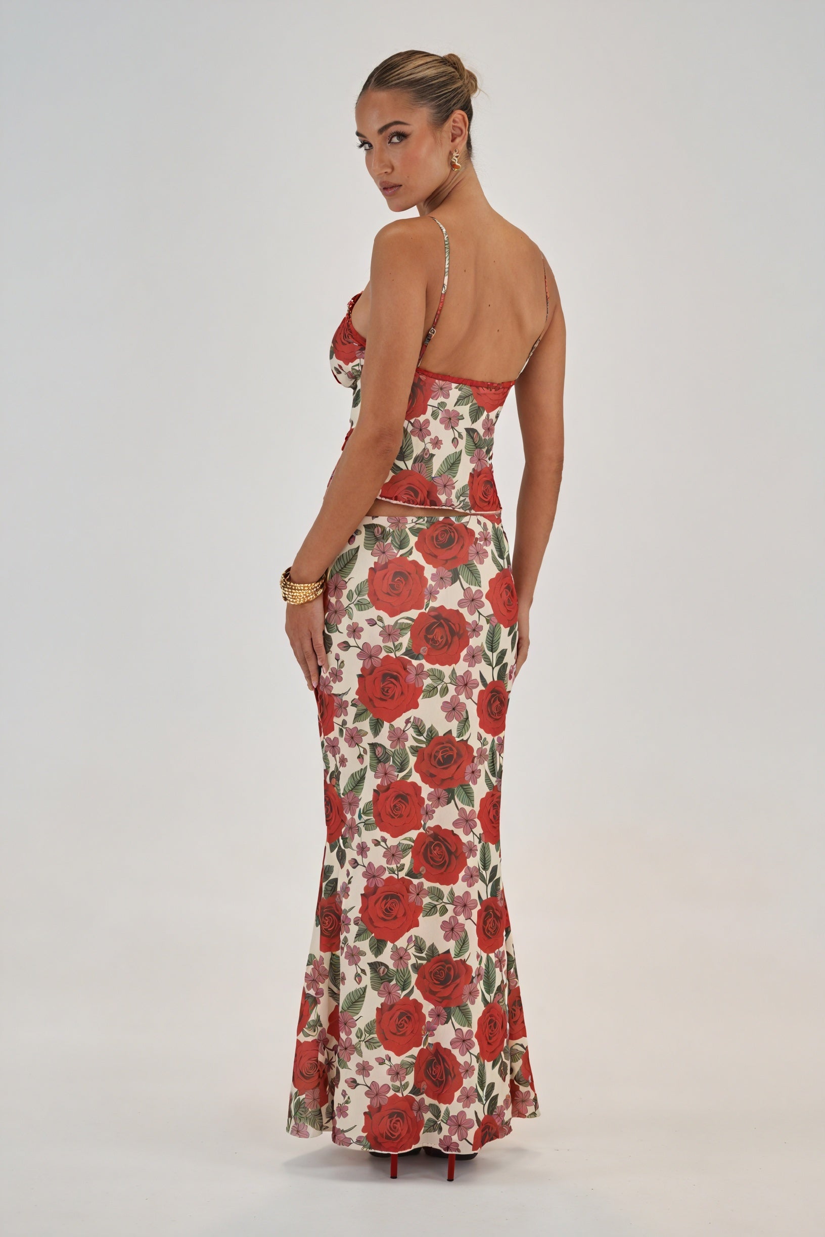 Women's Two-Piece Set: Red Floral Sweetheart Top & Slit Maxi Skirt with Lace Trim, Romantic Style-80195-fa2fb69a-7254-480b-880f-7edf7ffa811f