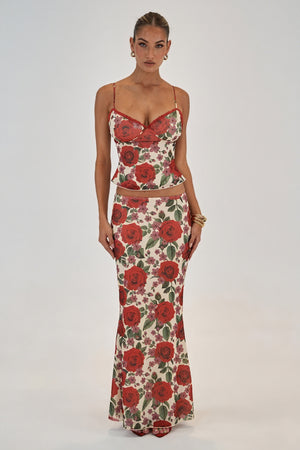 Women's Two-Piece Set: Red Floral Sweetheart Top & Slit Maxi Skirt with Lace Trim, Romantic Style-80195-f36e7547-c956-4fce-82d5-b98902549f94