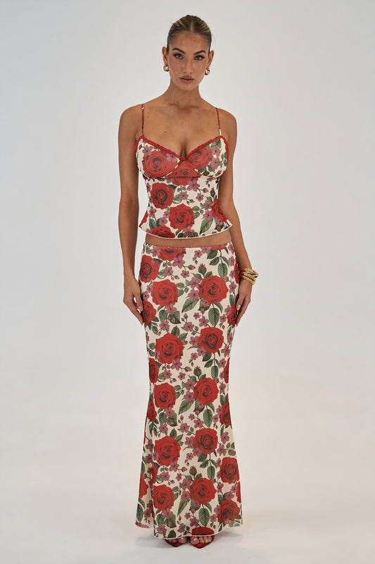 Women's Two-Piece Set: Red Floral Sweetheart Top & Slit Maxi Skirt with Lace Trim, Romantic Style-80195-f36e7547-c956-4fce-82d5-b98902549f94