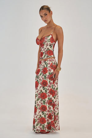 Women's Two-Piece Set: Red Floral Sweetheart Top & Slit Maxi Skirt with Lace Trim, Romantic Style-80195-3b2e5772-7dd2-41eb-9bb3-9c9d18e903e0