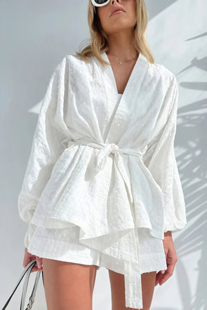 Women's White Kimono Outerwear – Textured Fabric, Wide Sleeves, Matching Belt, Cotton Blend-80307-f1911f21-8429-4b08-ad32-21b47094c442