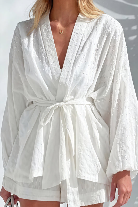 Women's White Kimono Outerwear – Textured Fabric, Wide Sleeves, Matching Belt, Cotton Blend-80307-7cdb205c-91d5-461f-9fbf-d113000c7136