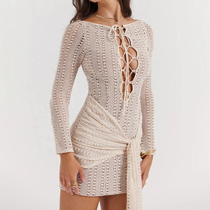 Women's Beige Crochet Dress – Lace-Up Neckline, Long Sleeve, Draped Waist, Above-Knee Bohemian-77242-8036e5d1-4856-4a09-81b4-001016963722