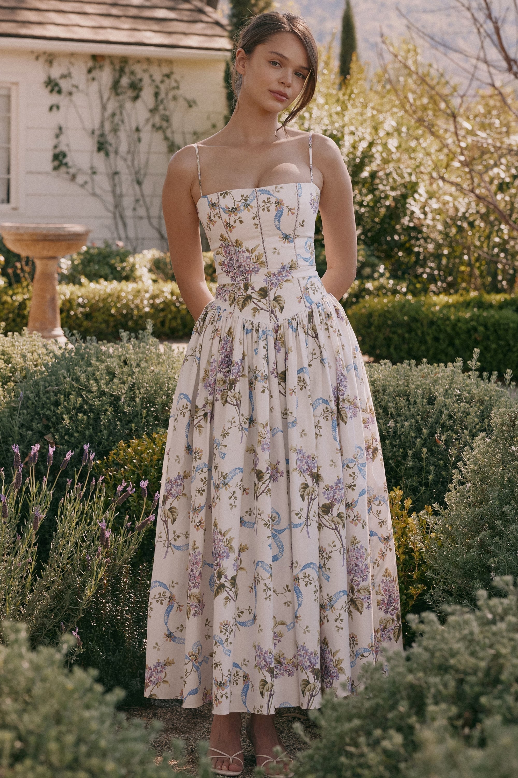 Women's Floral Maxi Dress – White Lightweight Fabric, Fitted Bodice, A-Line Skirt-83226-80370e4f-2b43-4f55-871c-ead1b5684675