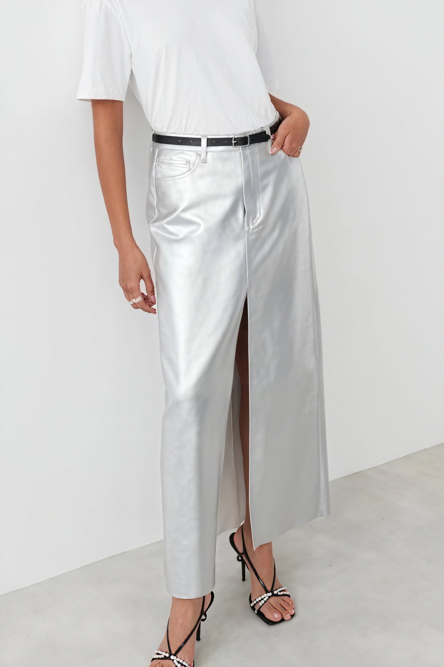 Women's Silver Faux Leather High-Waist Maxi Skirt with Front Slit-80477-2d341c76-0454-4412-85f8-b7a7adf9a22d