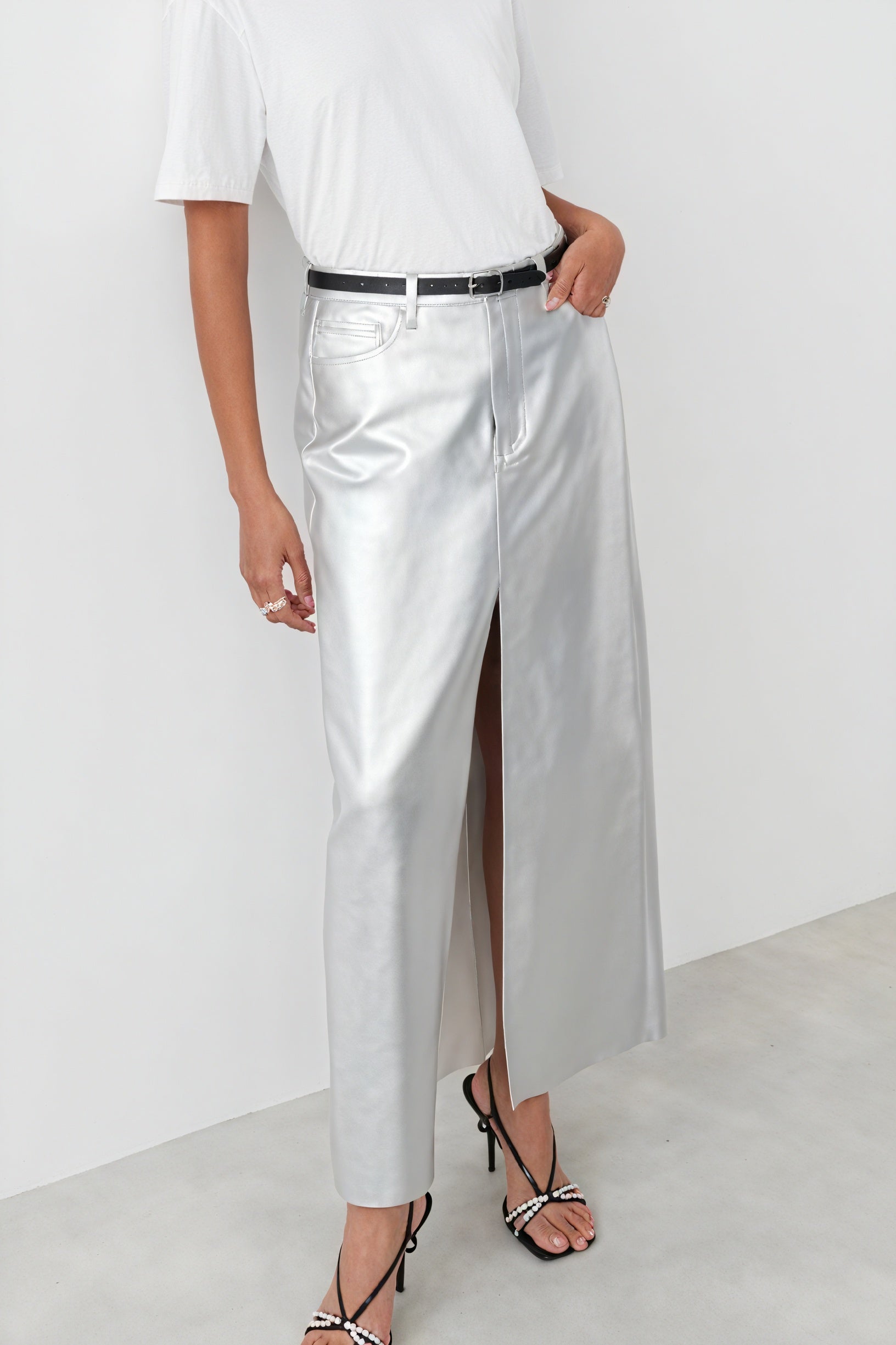 Women's Silver Faux Leather High-Waist Maxi Skirt with Front Slit-80477-2d341c76-0454-4412-85f8-b7a7adf9a22d