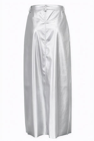 Women's Silver Faux Leather High-Waist Maxi Skirt with Front Slit-80477-1f140080-ce5b-47ef-b459-7637888c9abe