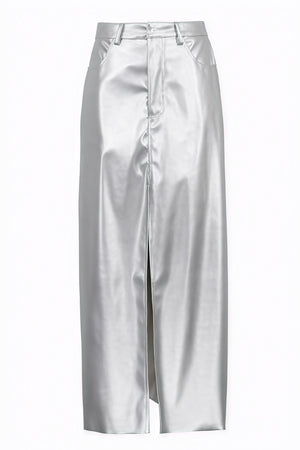 Women's Silver Faux Leather High-Waist Maxi Skirt with Front Slit-80477-80f1bcba-eff2-4158-b76c-1f9f062c7e7e