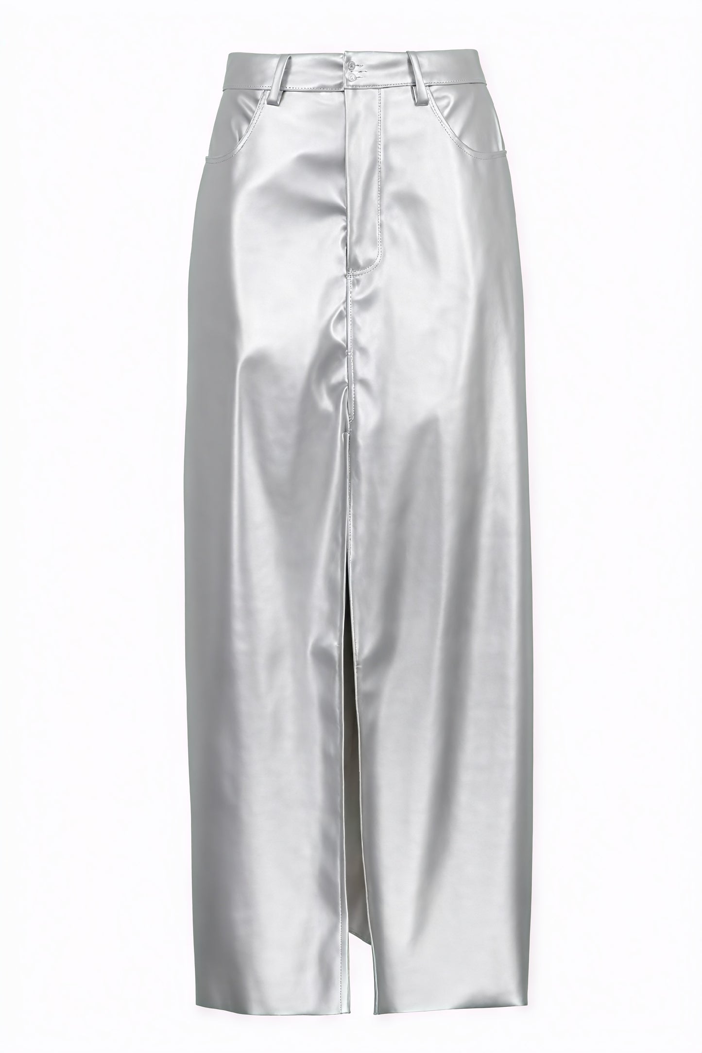 Women's Silver Faux Leather High-Waist Maxi Skirt with Front Slit-80477-80f1bcba-eff2-4158-b76c-1f9f062c7e7e