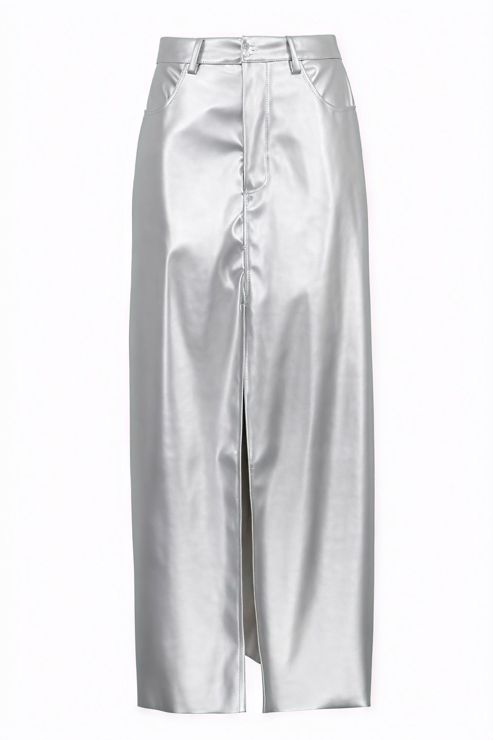 Women's Silver Faux Leather High-Waist Maxi Skirt with Front Slit-80477-80f1bcba-eff2-4158-b76c-1f9f062c7e7e