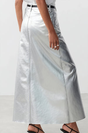 Women's Silver Faux Leather High-Waist Maxi Skirt with Front Slit-80477-38dabb93-ba8d-41cf-9ef4-94d7f331872d