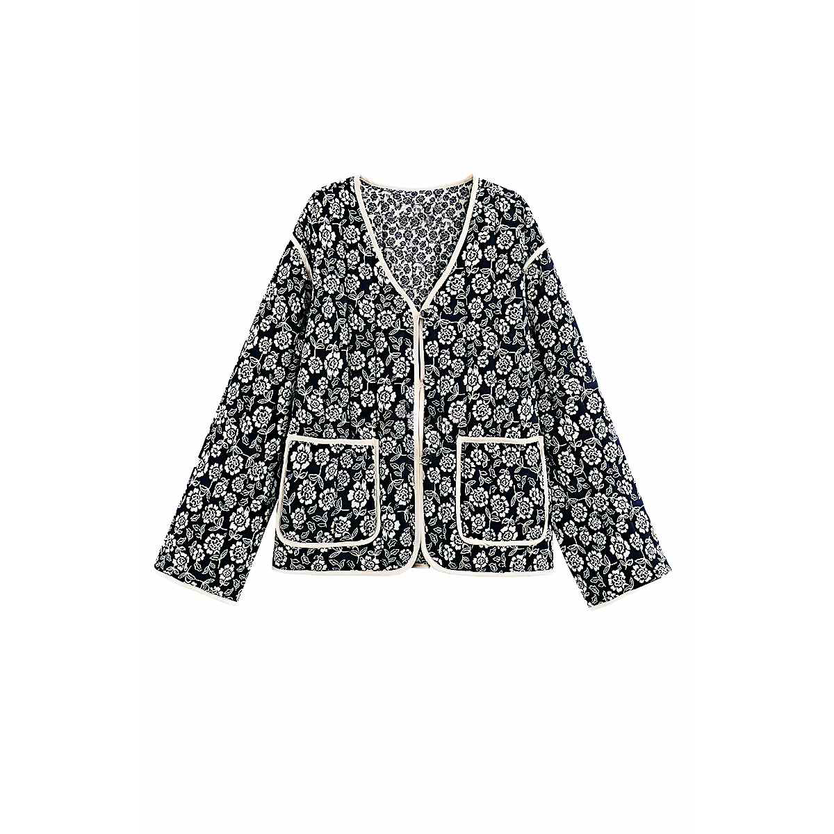 Women's Navy Floral V-Neck Jacket with Cream Piping, Long-Sleeved Classic Style-80650-6ae18f18-f0bc-416a-a0f2-3edffc45873a