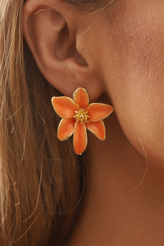 Women's Stud Earrings – Orange Enamel Flower, Gold Outline, Glossy Finish-80804-79ed5162-9f31-499a-a6e1-5f4e95647ff8