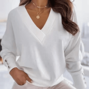 Women's Blue V-Neck Cropped Sweater – Relaxed Fit, Buttoned Cuffs, Cotton Blend-67617-8090511c-4de1-40b7-83b4-40176f1fc42d