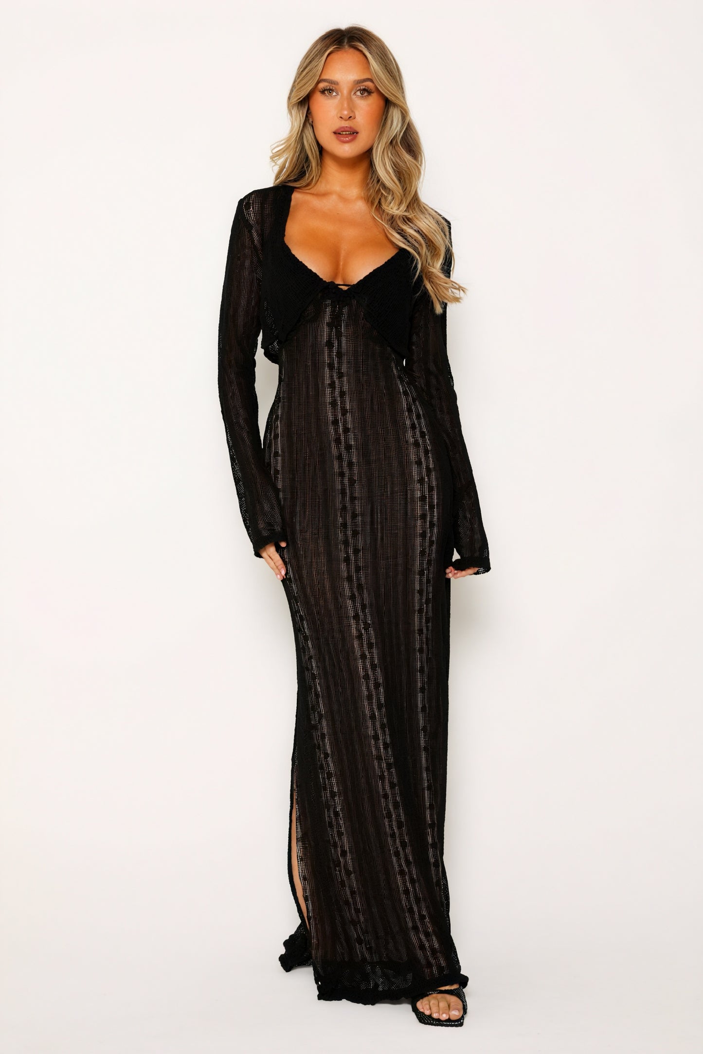 Women's Sheer Maxi Dress – V-Neck, Matching Bolero, Black/White-80915-de755c6b-6575-42fc-833c-5cdcc509b598