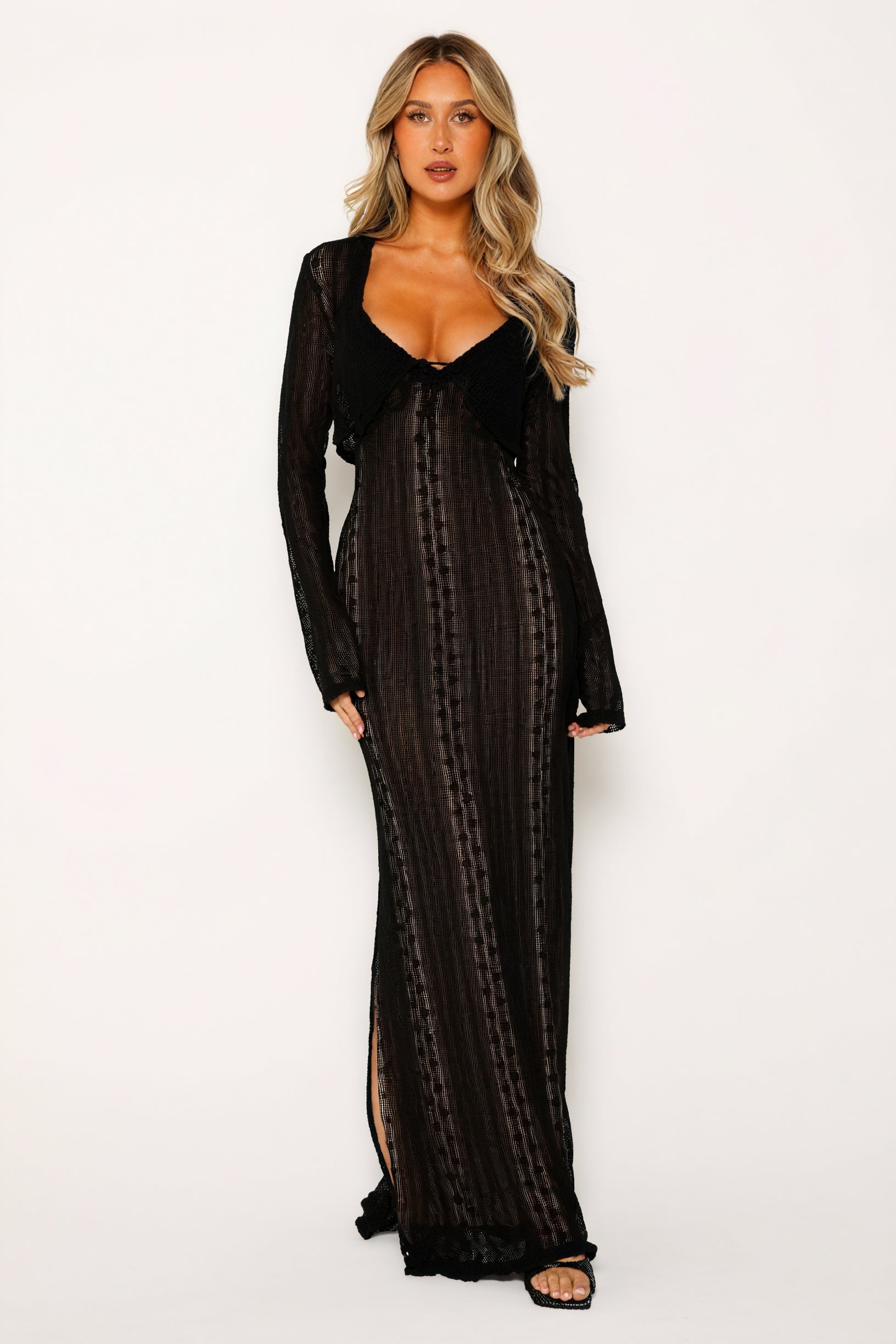 Women's Sheer Maxi Dress – V-Neck, Matching Bolero, Black/White-80915-de755c6b-6575-42fc-833c-5cdcc509b598