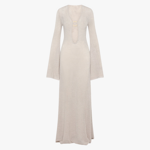 Women's Knit Maxi Dress – Plunging Ring Neckline, Flared Sleeves, High Slit, Sheer, Beige Black-80916-cc4ae9b3-7ee5-4e08-8bb0-3b074c6cd080