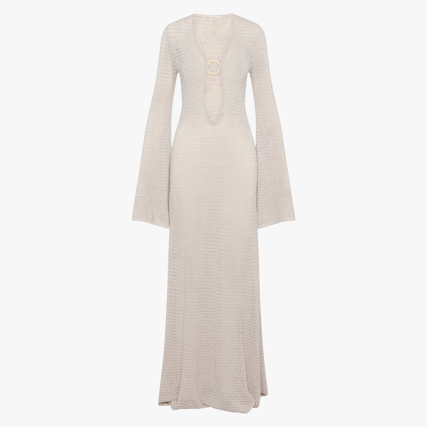 Women's Knit Maxi Dress – Plunging Ring Neckline, Flared Sleeves, High Slit, Sheer, Beige Black-80916-cc4ae9b3-7ee5-4e08-8bb0-3b074c6cd080