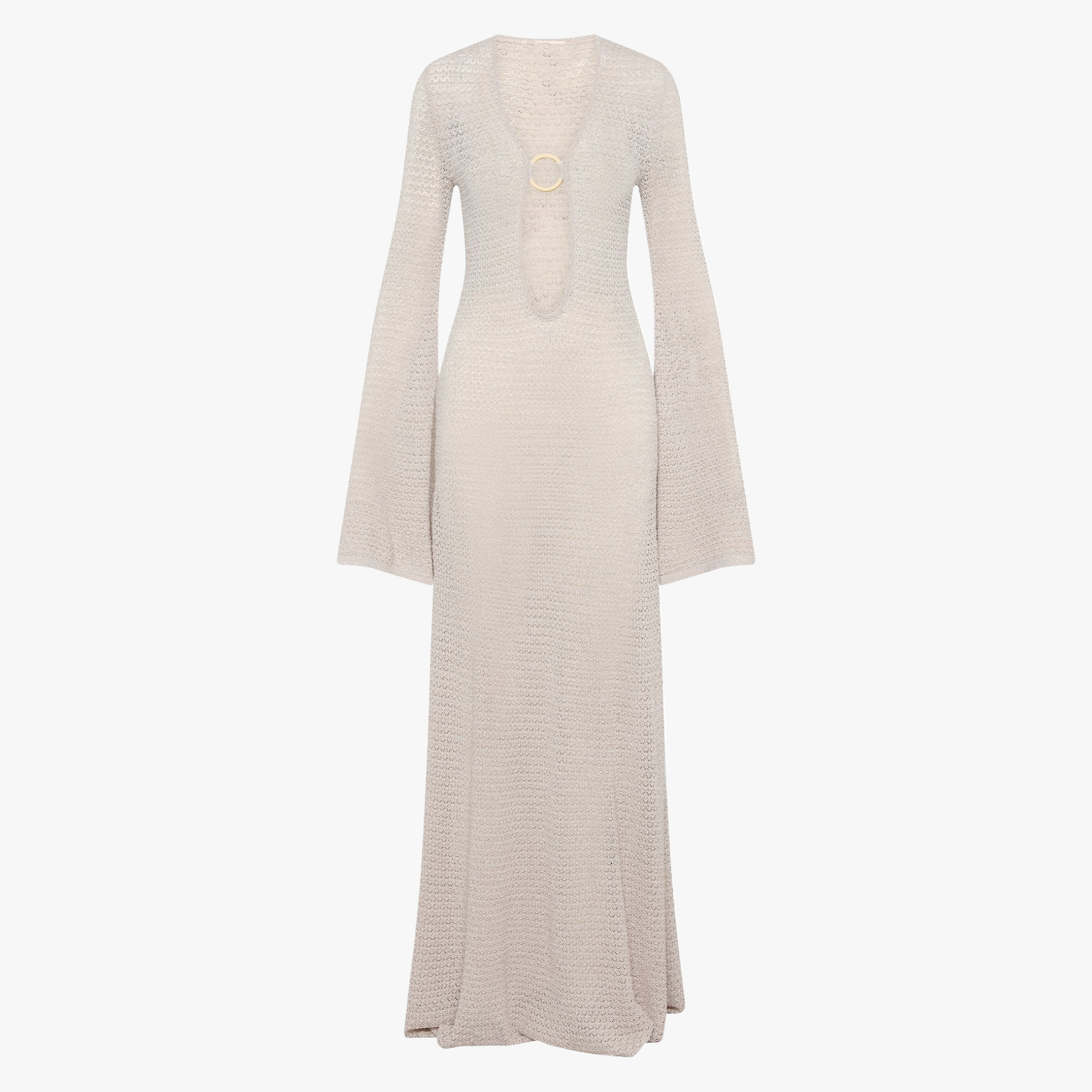 Women's Knit Maxi Dress – Plunging Ring Neckline, Flared Sleeves, High Slit, Sheer, Beige Black-80916-cc4ae9b3-7ee5-4e08-8bb0-3b074c6cd080