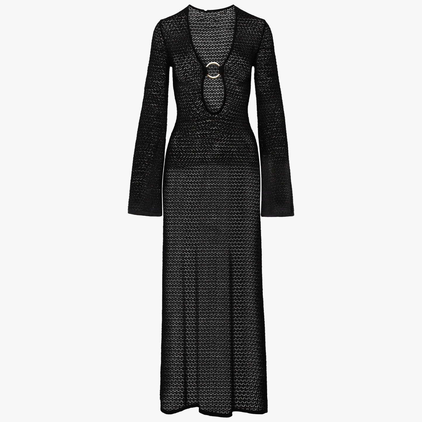 Women's Knit Maxi Dress – Plunging Ring Neckline, Flared Sleeves, High Slit, Sheer, Beige Black-80916-bf564d7e-6d5e-4b0e-af23-cbfcaeb88ec7