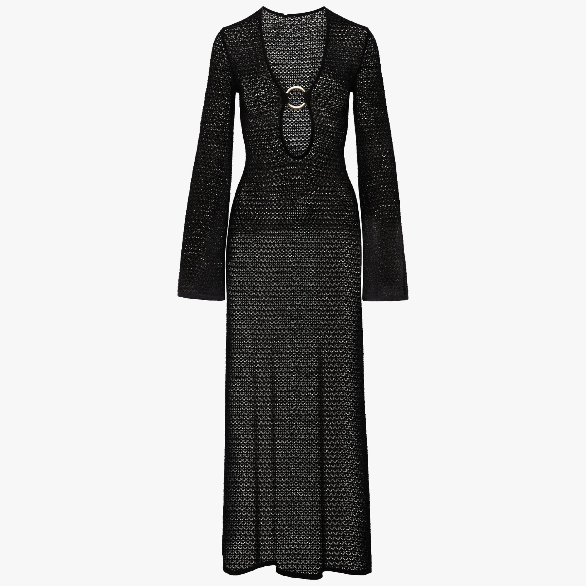 Women's Knit Maxi Dress – Plunging Ring Neckline, Flared Sleeves, High Slit, Sheer, Beige Black-80916-bf564d7e-6d5e-4b0e-af23-cbfcaeb88ec7