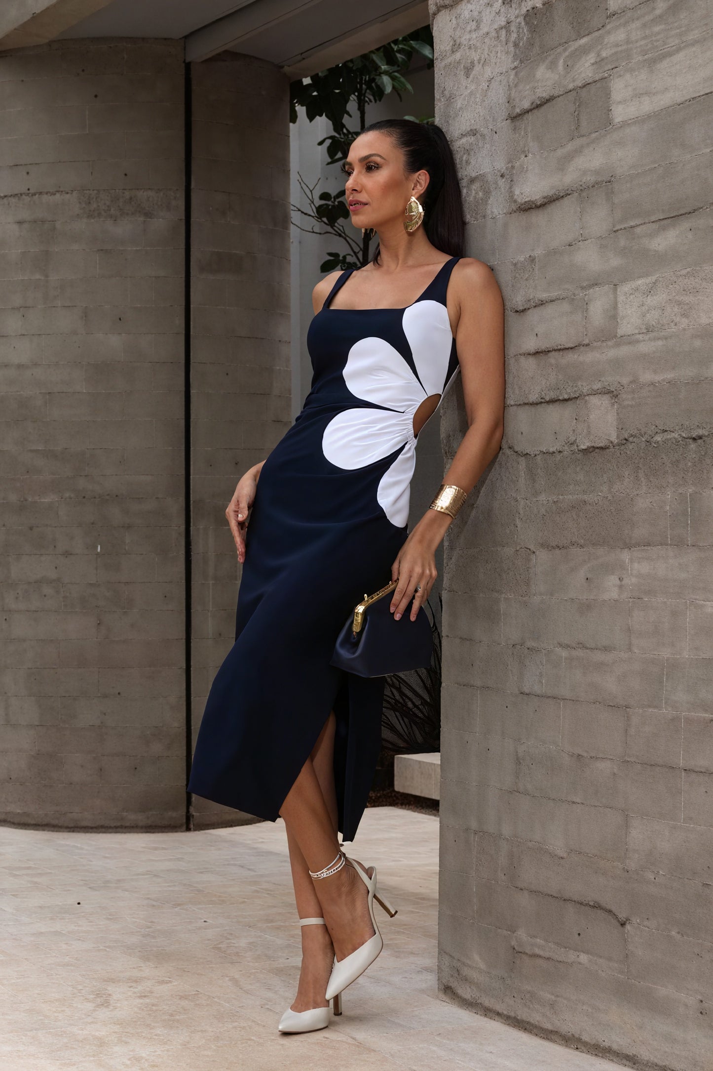 Women's Floral Midi Dress – Pink/Navy, Square Neckline, Fitted, Side Slit-80919-cfff8764-0f37-442f-98b1-64307b075f85
