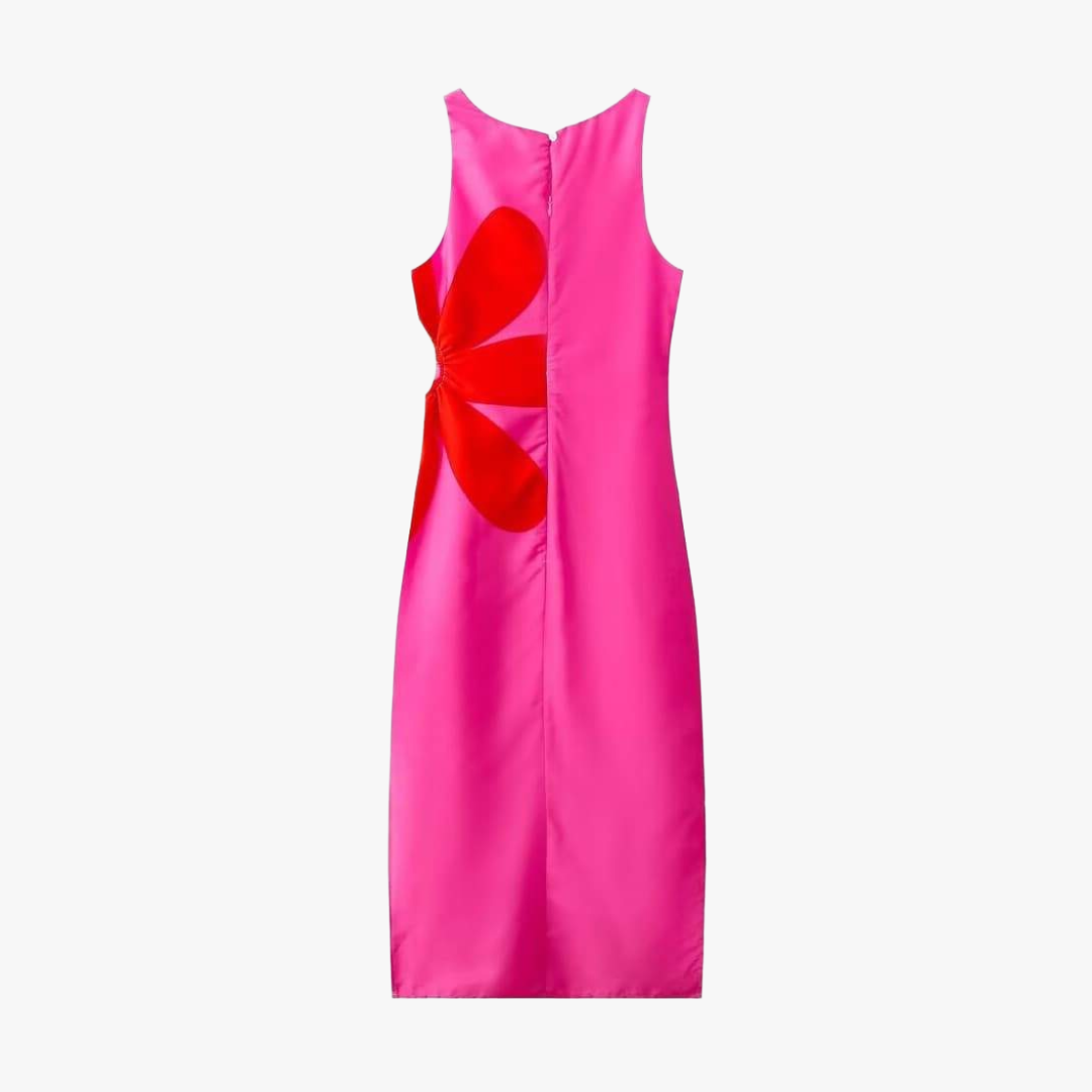 Women's Floral Midi Dress – Pink/Navy, Square Neckline, Fitted, Side Slit-80919-881e9b7a-9d55-4e2c-a1bb-c2ccc4c341a7