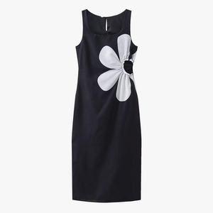 Women's Floral Midi Dress – Pink/Navy, Square Neckline, Fitted, Side Slit-80919-711b8204-7b35-4eb6-a9e2-57a996b2f469