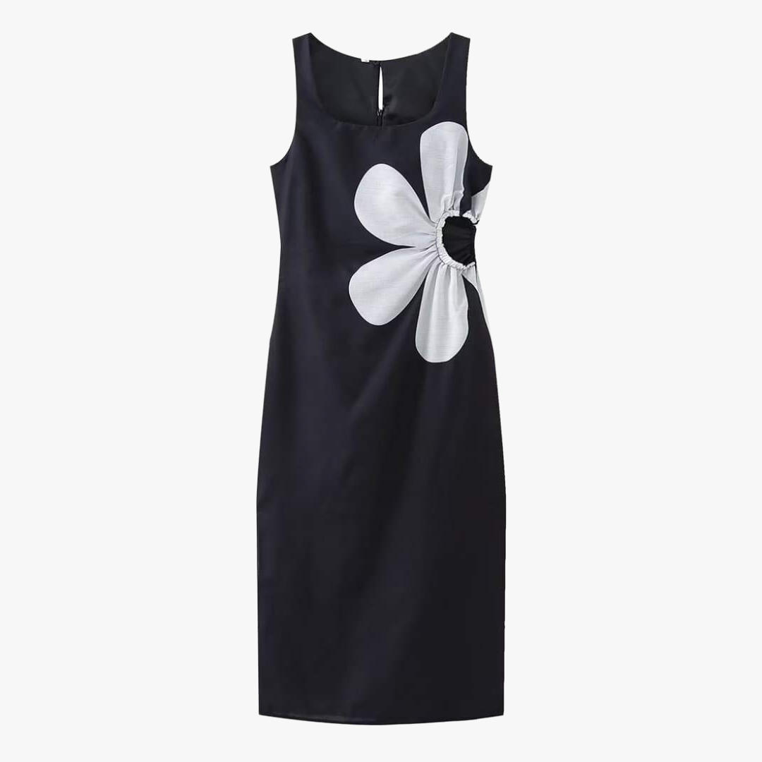 Women's Floral Midi Dress – Pink/Navy, Square Neckline, Fitted, Side Slit-80919-711b8204-7b35-4eb6-a9e2-57a996b2f469